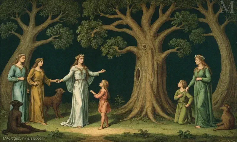 Ilustración con mortales de los mitos de Dríadas y Hamadríadas con conexión al árbol mundial en la cosmología nórdica.