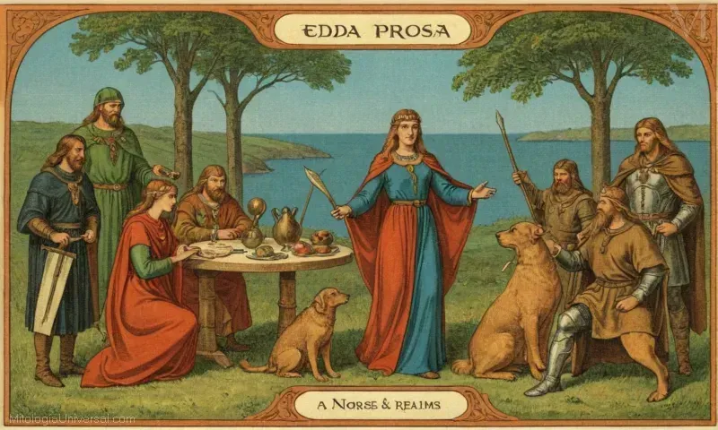 Ilustración de Edda una prosa: Una guía integral de la mitología nórdica con los nueve reinos representados.