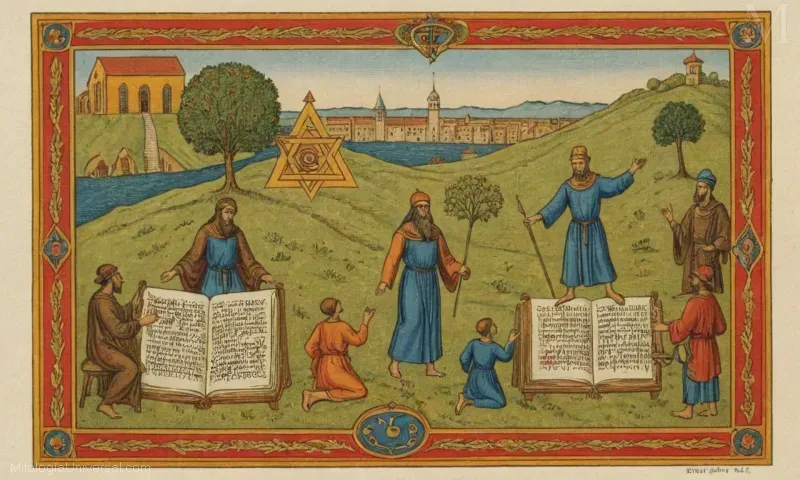 Ilustración vintage de la representación tradicional judía/cabalística de La Visions. Habla del concepto esotérico de dualidades y visiones en Kabbalah. Esta breve frase sólo sería comprensible para las personas que conocen hebreo u otros idiomas semíticos o con la Kabbalah, un texto judío místico que contiene enseñanzas sobre la espiritualidad y la naturaleza de Dios. No proporciona ningún detalle sobre la ilustración misma (que puede o no existir), pero menciona el concepto dentro de Kabbalah como se entiende en el judaísmo tradicional. Puede reemplazar La Visions, Representada tradicionalmente y Eisheth Zenunim con términos más comunes como visiones kármicas, representación literal, y Maestro de Ezequiel, respectivamente, para evitar confusión para lectores no judíos o nuevos.