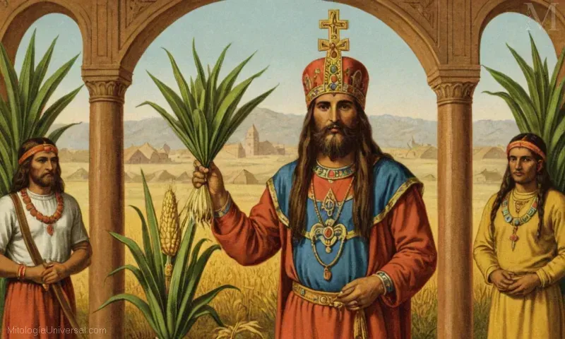 Ilustración vintage de prácticas religiosas asociadas con Ekeko (Ekeko), la deidad incana de prosperidad y cultivo de maíz.