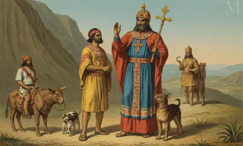 Ilustración vintage con La Papa (patna) y el significado de Ekeko (deidad incana) en la mitología peruana relacionada con la prosperidad y las cosechas.