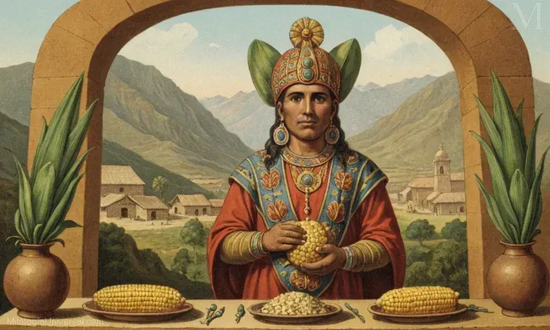 Ilustración de la deidad andina Ekeko representando la prosperidad y la producción de maíz en la antigua cultura inca.