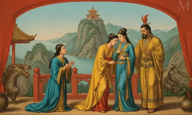 Ilustración de Amor y Teje de la leyenda china El Pastor y la Tejedora