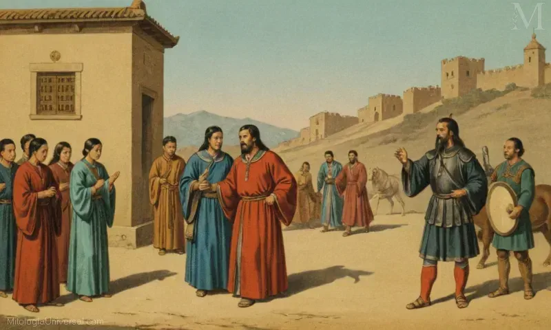 Ilustración vintage de la leyenda china del Pastor y el Weaver, expresando amor y significado cultural.