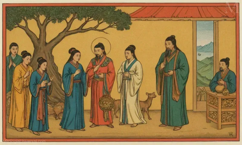 Ilustración vintage de La Via Latte y el Puente de la Urna del Pastor y el Tejedor, retratando amor y leyenda china.