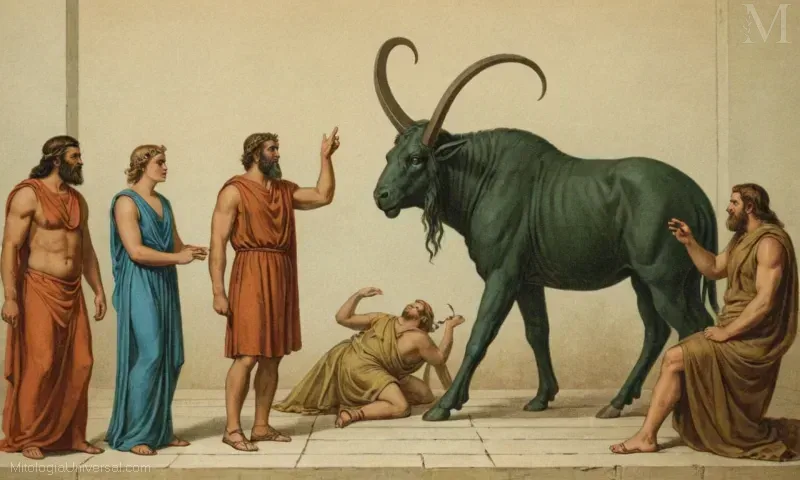 ilustración vintage de la mitología griega con La historia de Io y Zeus de prisión por un insecto gigante.