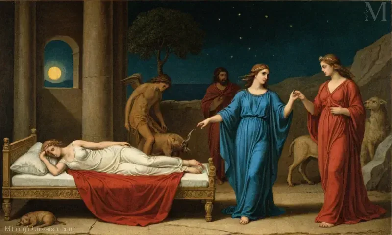 Ilustración vintage mostrando Endymion, representado como figura mitológica y representación artística con belleza eterna en la mitología griega. En la antigua Grecia, se creía que Endymion era un pastor legendario que pasó la noche en busca de Afrodita. La leyenda dice que durante su búsqueda, se enamoró de sí mismo y soñó con la inmortalidad. Esta obra encarna la naturaleza duradera de esta historia mientras captura el encanto mitológico de Endymions, trayendo un toque de elegancia vintage a los tiempos modernos. La obra cuenta con exquisito detalle, con Endymion representado en un escenario celestial iluminado que muestra las infinitas posibilidades de sus sueños. Su belleza cautivadora, junto con el intrincado paisaje cósmico que lo rodea, crean una imagen llamativa que trasciende las narrativas convencionales de tiempo. Simboliza tanto el amor como la alusión misteriosa de Endymions viaje eterno hacia la inmortalidad - los temas universales en el corazón de la mitología griega.