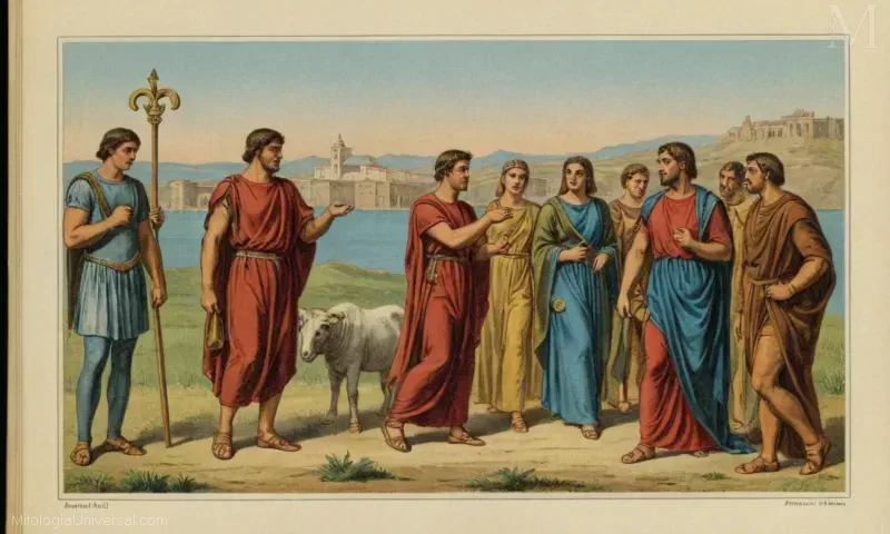 Guía ilustrada Vintage detallando el contexto histórico y cultural del Eneida en la mitología romana, que abarca figuras clave como Eneas.