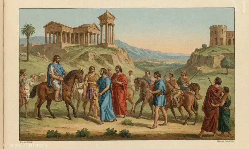 Ilustración vintage de toda la guía Orígenes y Fuentes de la Eneida de Eneitäa, Guía Completa de Mitología Romana, que explora la antigua mitología romana.