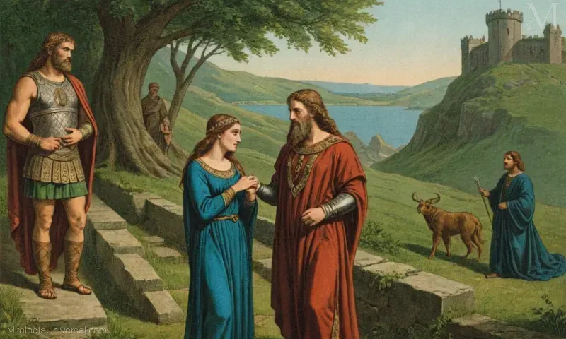 Ilustración representando la deidad irlandesa Engus con poderes sobrenaturales y habilidades relacionadas con el amor y la poesía.