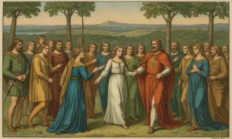Ilustración de Orígenes y la genealogía de Engus, una deidad irlandesa de amor y poesía.