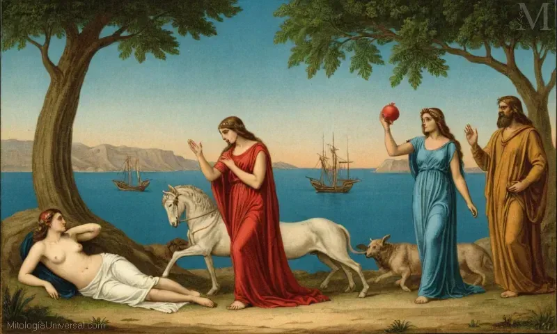 Vintage ilustración del amor y la muerte en la mitología griega, con Procris y Eos representados.
