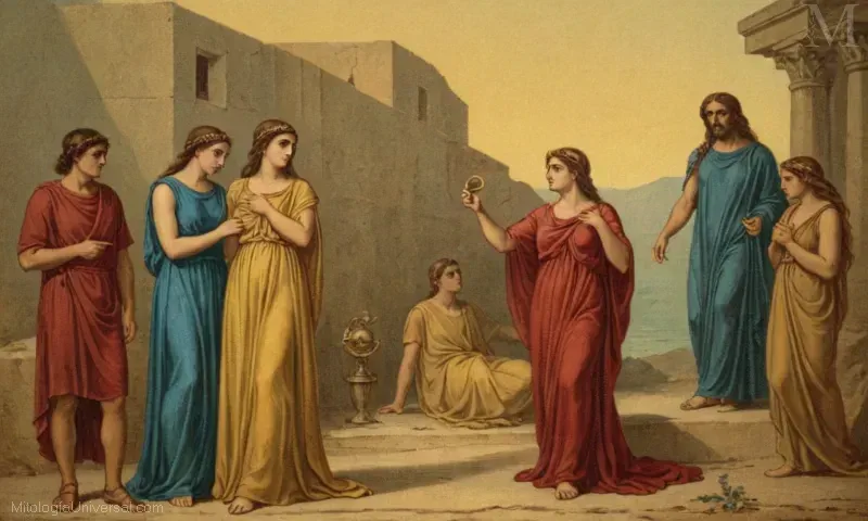 Ilustración vintage de Atenea (Eos en la mitología griega) representando amor y muerte, dos temas fundamentales en la mitología griega.