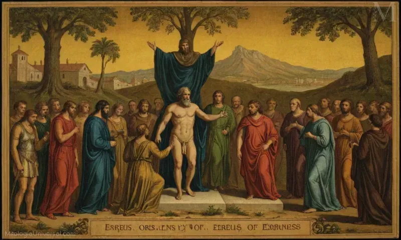 Arte vintage obra de Orígenes y su genealogía de Erebus, el Dios griego de la Oscuridad. Creado durante el período renacentista en Europa.