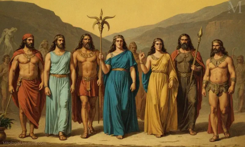 Ilustración vintage de dioses griegos mitológicos ire, representando su relevancia moderna en diversos géneros folclore y prácticas culturales.