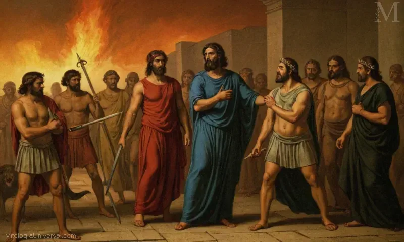 Ilustración que representa dioses griegos de ira y castigo conocido como los Erinys. Estos fueron creídos para castigar a aquellos que enojaban a lo divino provocando caos, desastres o alejando a sus comunidades. Ejemplos incluyen Dionysus, Hades y Persefone.