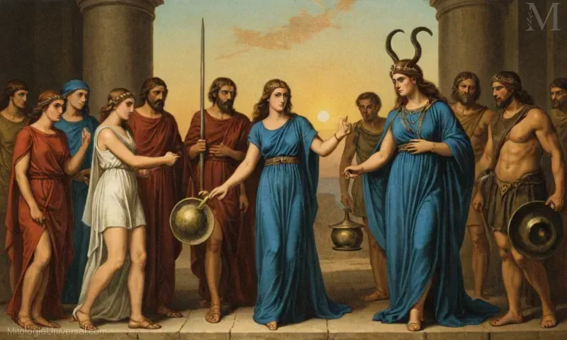 Impresión de arte vintage con Eris, la diosa mitológica griega de la discordia y la guerra. Representa desafíos y consecuencias para quienes crean contenidos que pueden causar desacuerdo o conflicto. Proporciona un impacto duradero en las estructuras y valores sociales. El texto implica una interpretación artística de la mitología griega y discute su influencia con el tiempo.