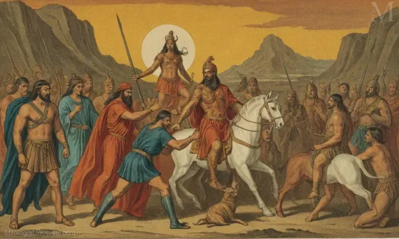 Vintage ilustración de Erlang Shen, Dios de la Guerra y el Fuego en la mitología china. Una simple representación podría mostrar una figura armada o una llama ardiente simbolizando sus atributos.