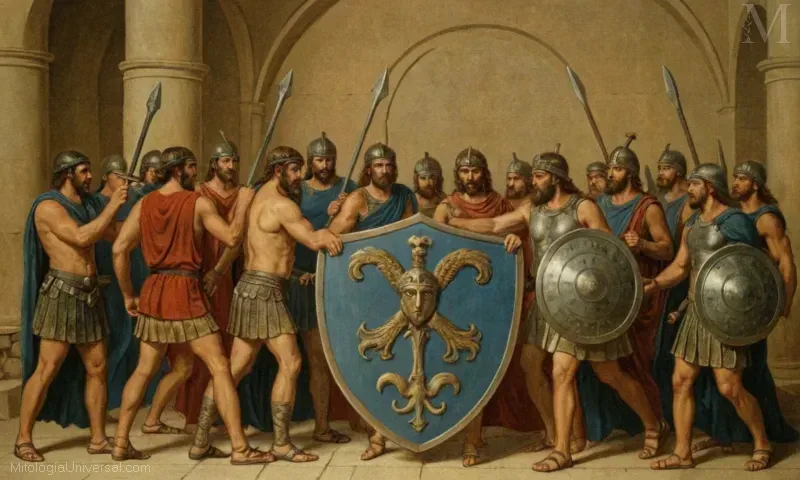 Ilustración que representa doce tareas asignadas a Heracles (Jason) a lo largo de la historia del mito griego, simbolizando mitos y logotipos. La frase se traduce en Las Doce Tareas de Escudo (Shield): Mito y Patrimonio. Esto se refiere a las responsabilidades de Heracles en apoyar sociedades y culturas a través de desafíos o proyectos.