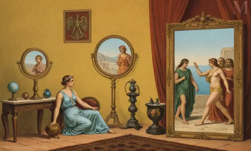 Impresión de arte vintage de Orígenes y definición de Mitología Especios de Espejo. Cubre la guía completa sobre espejos, incluyendo mitologías griegas, romanas y americanas.