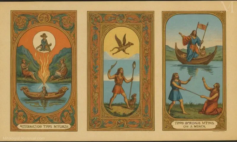 Diseño de libro vintage con Consejos sobre Mitología para Portones y un espejo ilustrado como guía de diferentes tipos de folclore a través de diversos mitos culturales.