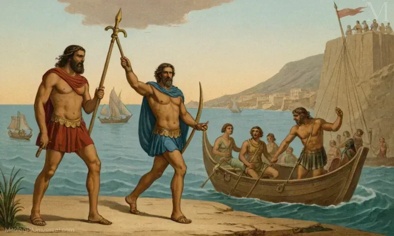 Ilustración vintage que retrata La Odisea y el Episodio de Scilla de Eschelio: Monstro Griego y Mitología, un capítulo del poema épico La Odisea (La Odisea) del poeta griego Homer. Esta ilustración destaca figuras como Odysseus, que enfrenta numerosos desafíos y obstáculos en su viaje a casa después de luchar contra varios monstruos; y Scilla, que se casa con él para continuar su aventura a través de cuentos legendarios de Grecia. La obra muestra a estos personajes en un contexto escénico que transmite la grandeza y el poder de la antigua mitología griega.