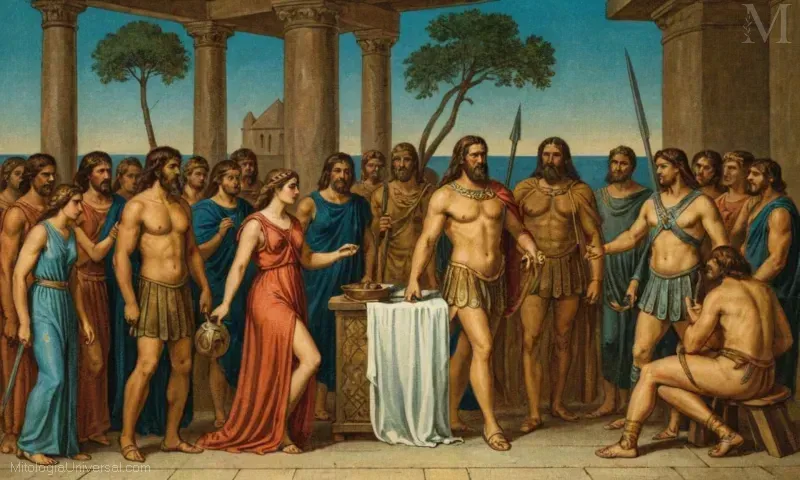 Ilustración vintage de la mitopedia que representa a Hércules como antagonista contra Euristeus y sus diez hijos, Heracles.