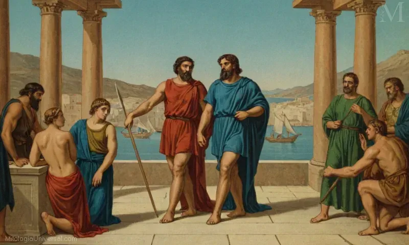 Vintage ilustración con Orígenes y Linaje de Euristeo, un antagonista de la mitología griega que se opone a Heracles.