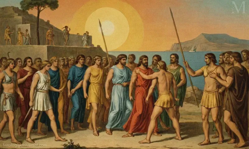 Imagen vintage de El Desafío a Helios de Faetón, Mito del Hijo del Sol, representando el mito de Aquiles en la mitología griega.