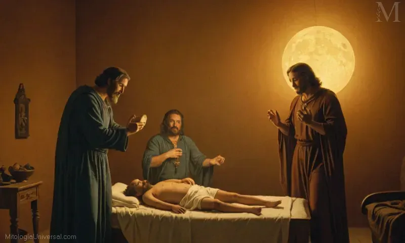 Ilustración vintage con Orígenes y su hijo Faetón en mito de su nacimiento desde el sol celestial.