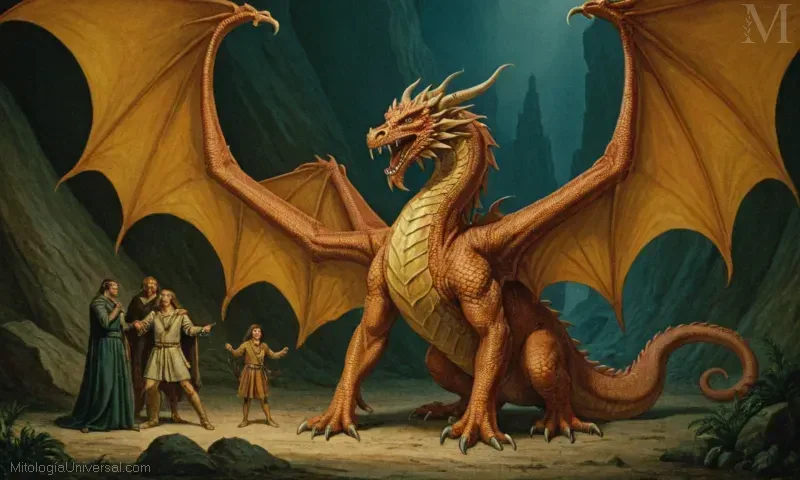 Ilustración de La Transformación en Dragón de Fafnir, una historia legendaria donde un humano llamado Osmera se transforma en el Dragón de Fafnir en busca de tesoros.