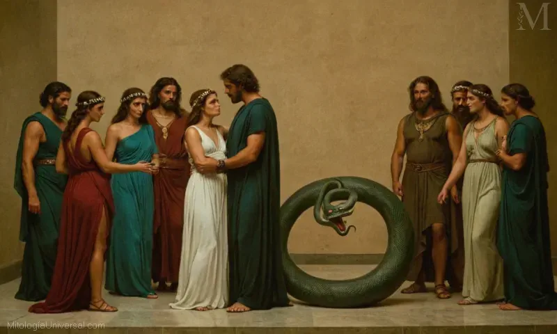 Ilustración de una escena oracular de la mitología griega con Medusa y la serpiente, representando a Conclusión de Febe: Delfos Oracle y Mitología griega.