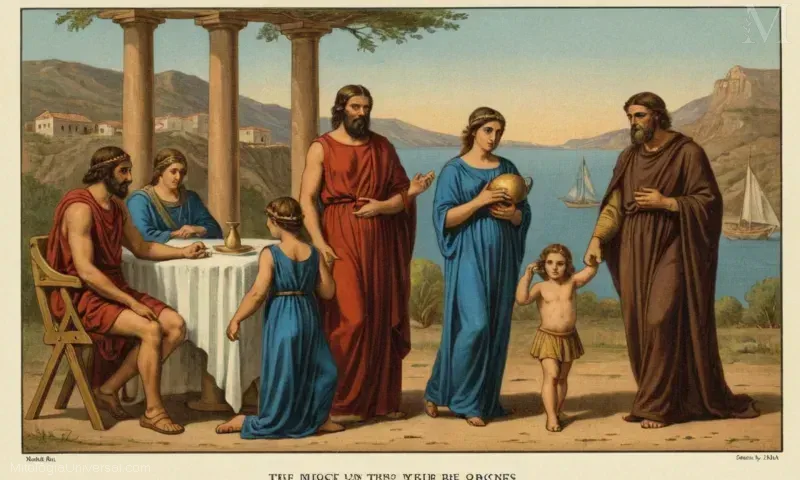 Imagen vintage de Orígenes y su familia en el mito griego de Delfi oráculo. La breve descripción se refiere a la historia de origen relacionada durante los tiempos antiguos donde los Oráculos proporcionaron respuestas divinas basadas en la mitología y las creencias culturales, especialmente alrededor de Delfi. Esta línea también sugiere la influencia de la cultura griega.