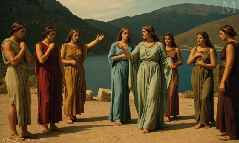 Ilustración vintage con El Oráculo de Delos y la transición a Delfos. Esta pieza de arte muestra la mitología griega que rodea el oráculo de Delfos, mostrando el proceso mientras pasa de ser guiada por la sacerdotisa Febe en Delos, a la famosa figura de Dyonisios en Delfos.