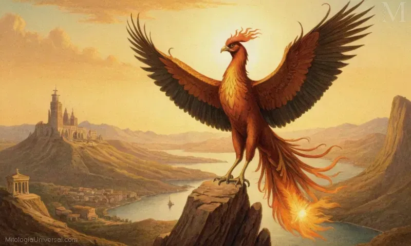 Ilustración vintage de La Fénix (el Fénix), que encarna la resiliencia y la felicidad a través de la autoayuda. Texto español refiriéndose a un antiguo concepto mitológico como autoayuda para el crecimiento emocional y el desarrollo hacia la resiliencia. La ilustración representa al Fénix, un legendario pájaro de renovación de la vida y de la inmortalidad.