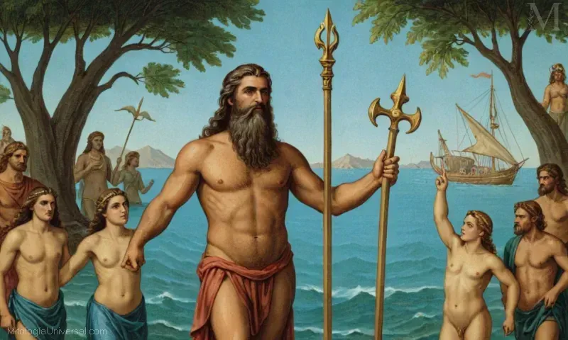 Ilustración que representa Poseidon, el dios griego del mar y su genealogía dentro del sistema farinomeológico. Esto describe las conexiones con otros dioses en la mitología griega particularmente con respecto a los recursos hídricos o los mares.