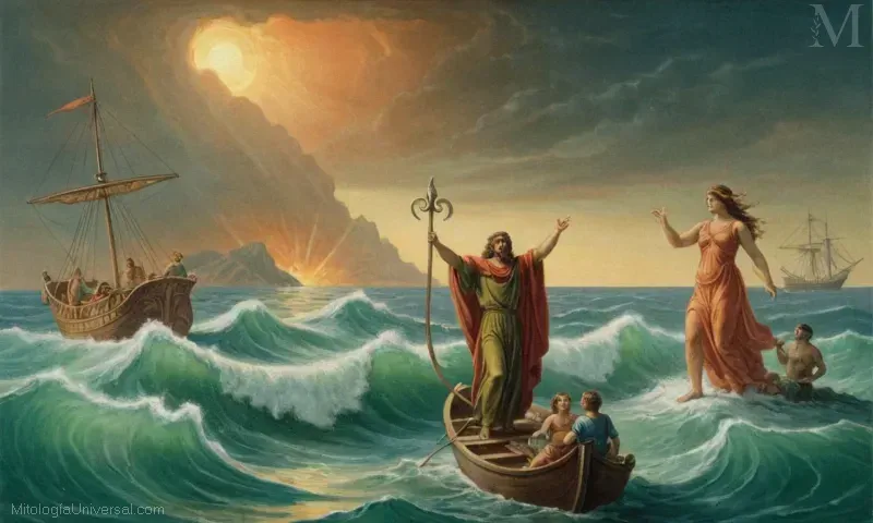 Ilustración de Forcys (Forces), la deidad griega responsable de criaturas marinas y tormentas, con sus poderes y atributos. Genealogy tracing back to the Deméter (parent) and Persefone (daughter) mitologías en la mitología griega.