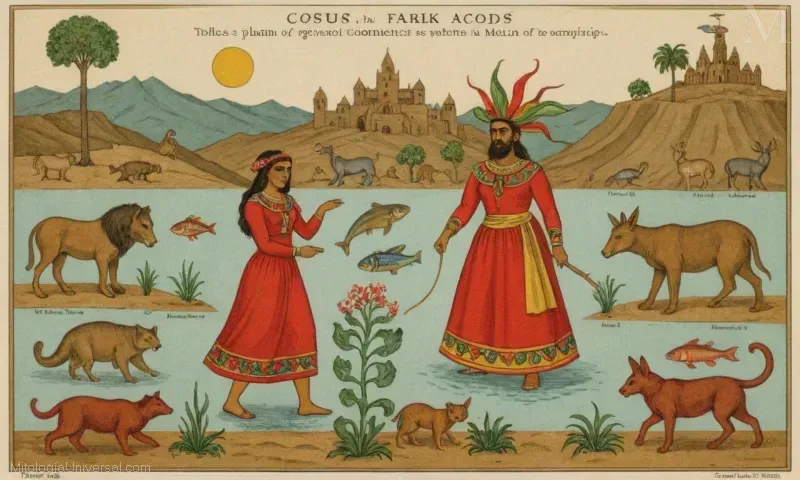 Impresión de arte popular mexicano vintage con personajes de la mitología del dios del mar mexicano Cocius (también conocido como Cosios). Esta ilustración incluye caracteres que representan diferentes linajes ancestrales y su relación entre sí. Paso 1: Reconocer la complejidad de la solicitud. Paso, por ejemplo, la temperatura media anual en un área determinada (por ejemplo, ciudad o parque nacional), la prevalencia de ciertos tipos de flora y los tipos de animales dentro de ese ecosistema. Paso 3: Use esta información para desarrollar un mapa general del ecosistema con características clave destacadas utilizando diferentes colores y formas (por ejemplo, plantas en verde, animales en rojo). Paso 4: Crear una versión detallada de este mapa básico, incluyendo detalles más específicos sobre flora y fauna, así como cualquier factor ambiental relevante. Paso 5: Refina su mapa para asegurar que comunica eficazmente las características clave y las relaciones dentro del ecosistema. Esto puede implicar ajustar colores o formas para hacer que ciertos aspectos se destacan más claramente. El panorama visual resultante será tanto informativo como visualmente atractivo y proporcionará una comprensión clara de la estructura de los ecosistemas tanto para profesionales como para otros usuarios. El uso de diferentes colores, formas y símbolos aumenta la legibilidad del mapa del ecosistema, permitiendo que los profesionales y los interesados comprendan rápidamente estos datos esenciales.