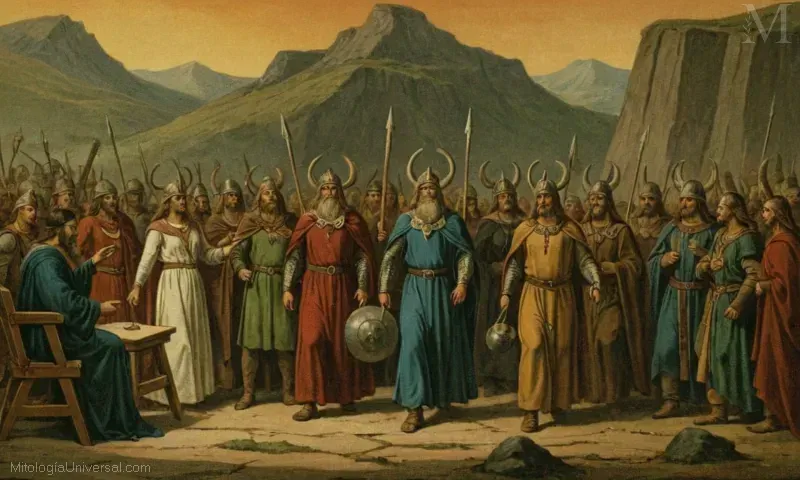 Ilustración de El Juicio del Forseti en el Valhalla de Forseti - una emblemática escena de juicio de dios nórdico.