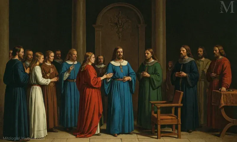 Imagen vintage de El Hvergelm y el Ritual del Juicio de Forseti, Juez Divino Nórdico. Esto representa un aspecto significativo de la cosmología nórdica.