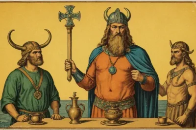 Ilustración vintage de la deidad de Freyr Norse de la fertilidad y la prosperidad; figura clave en la cosmología de Norse y vinculada con la rociación de mead entre los vikingos.