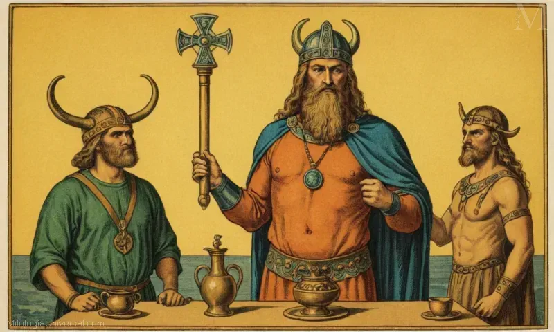Ilustración vintage de la deidad de Freyr Norse de la fertilidad y la prosperidad; figura clave en la cosmología de Norse y vinculada con la rociación de mead entre los vikingos.