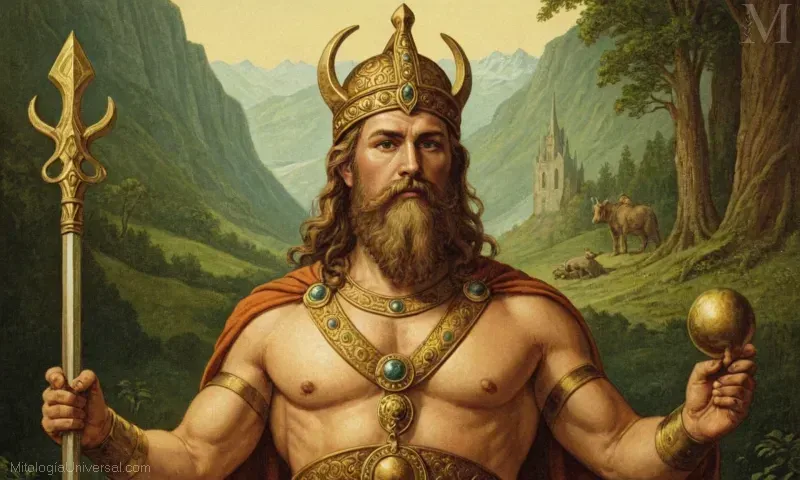 Ilustración de Freyr, una deidad en la mitología nórdica asociada con la fertilidad y la prosperidad.