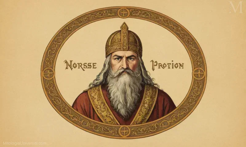 Vintage emblema ilustración con Orígenes con Odín representando sabiduría y protección en la mitología nórdica.