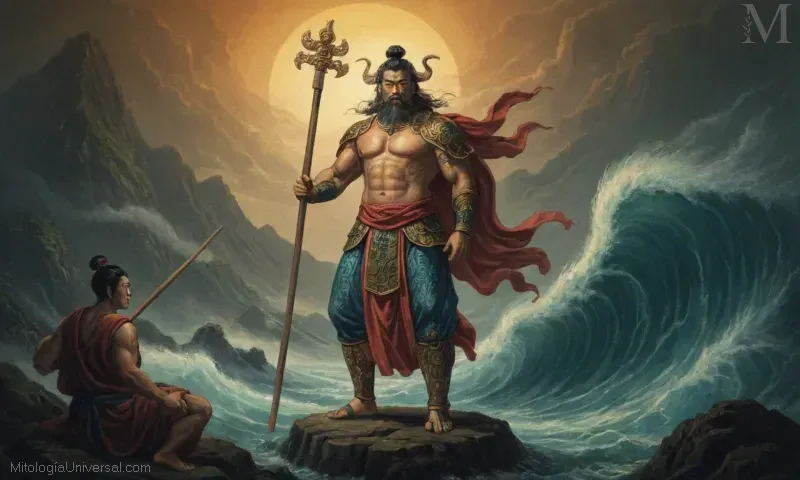 Ilustración: Una figura divina con los atributos y poderes de Fujin, o el Dios de las Tormentas en la mitología japonesa.