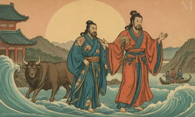 Ilustración vintage de Origen y Creación de Fujin, la deidad Fujin conocida por tormentas severas en la mitología japonesa.