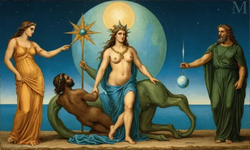 Ilustración de la entidad divina mitológica griega Gaia, representando a la madre tierra, y Urano, el planeta Neptuno. Esto representa el concepto Relaciones con Urano y la Rebelión de Gaia, refiriéndose a la compleja relación entre la madre tierra (Gaia) y el cielo padre (Urano) dentro de la cosmología griega temprana.