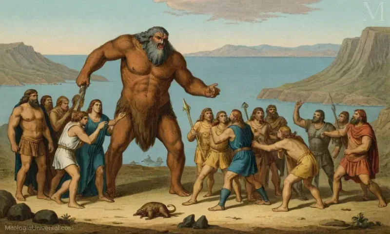 Ilustración vintage que muestra La Generación de los Gigantes y Monstruos de Gaia (Eartos Generación de Gigantes y Monstruos) simbolizando los dioses primordiales y monstruos en la mitología griega.