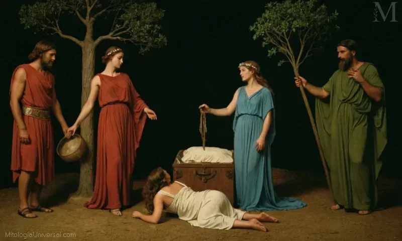 Ilustración mostrando Orfeo y Eurídice representando los componentes vivos y fallecidos durante los antiguos rituales funerarios griegos. El tema - Gaia, la Diosa de la Tierra como se describe por Orígenes; destacando su papel en la configuración de mitos y cosmología.