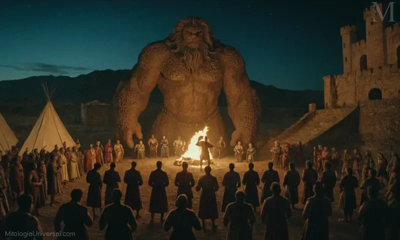 Illustración antigua del conflicto primordial entre gigantes en mitología, donde La Gigantomachia es el evento central.